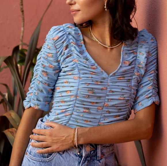 NWT Zara Rouched V Neck Top Blue With Rosettes Size Small - Picture 1 of 6